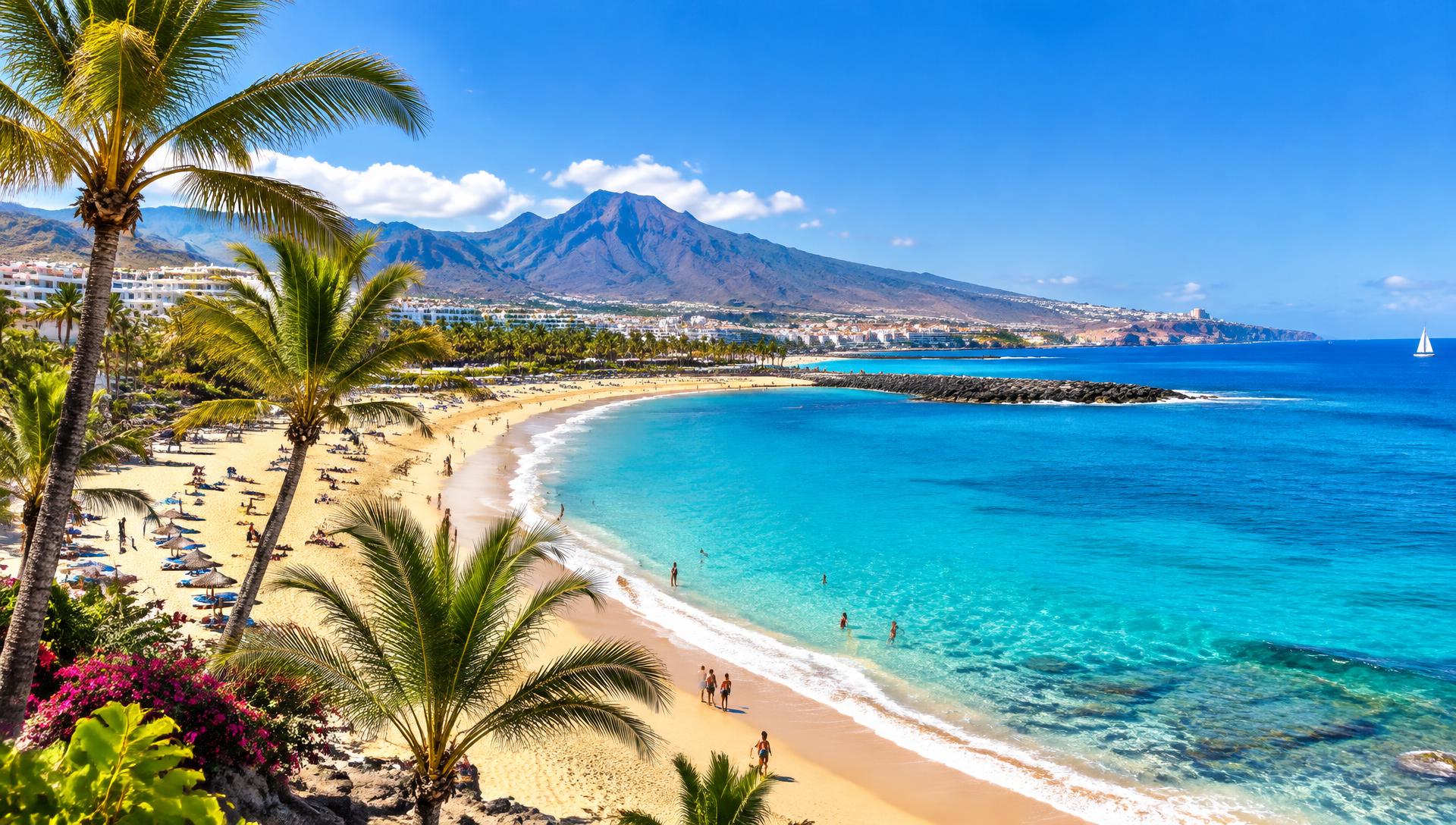 Slunečná pláž s palmami a tyrkysovým oceánem na Tenerife