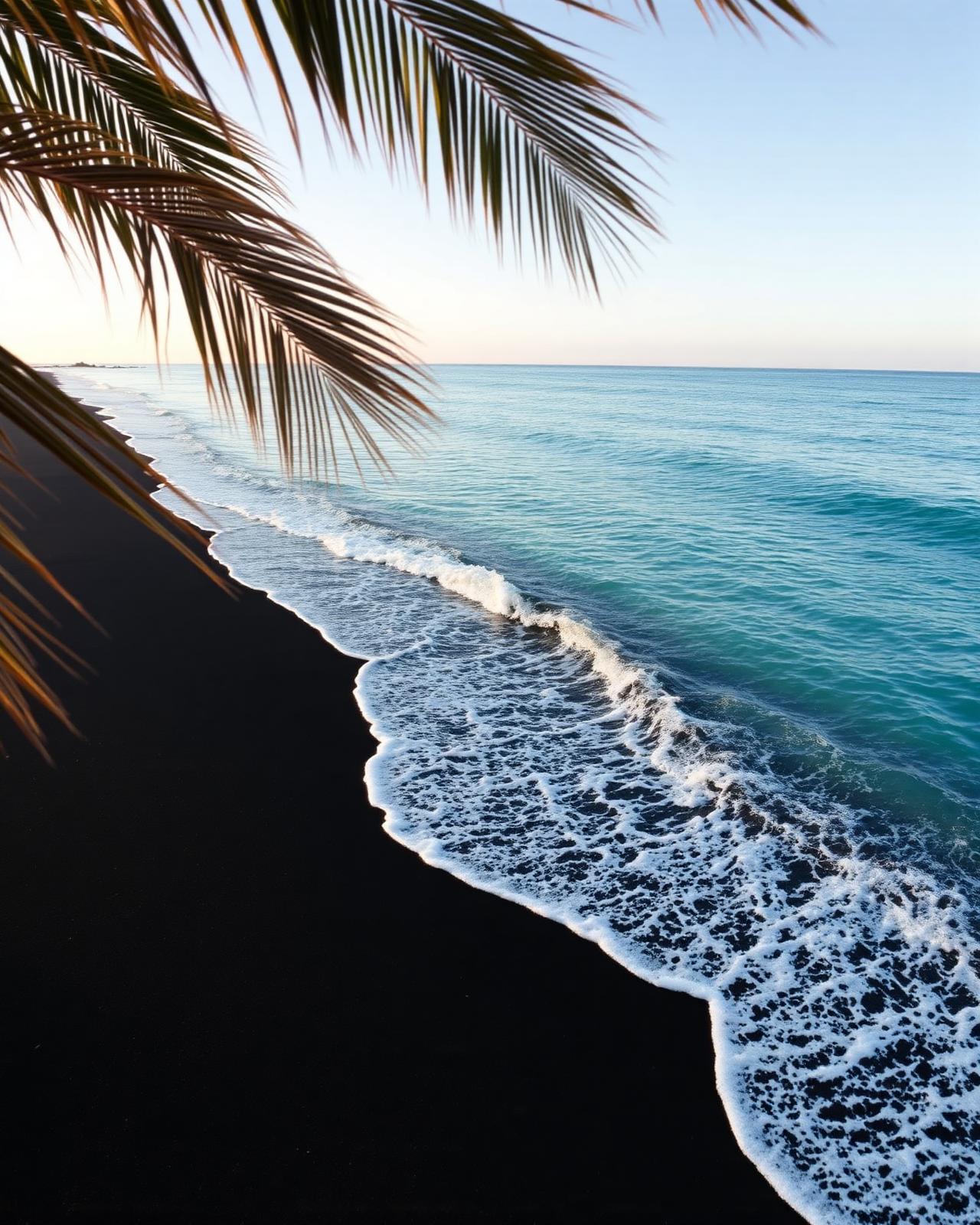 Vlny Atlantiku na pobřeží Tenerife s palmami